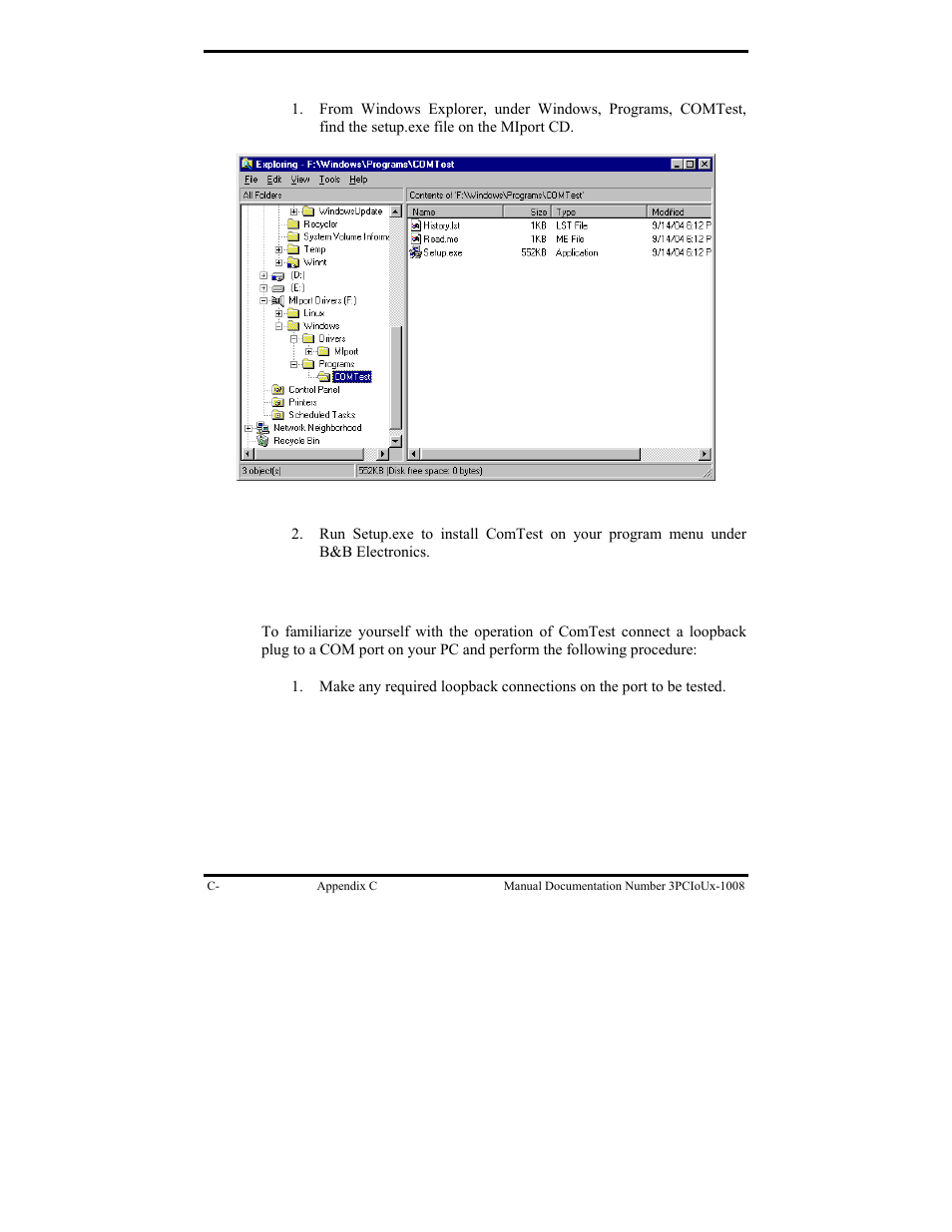 Installing comtest, Loopback testing with comtest | B&B Electronics 3PCIU4 User Manual | Page 88 / 92