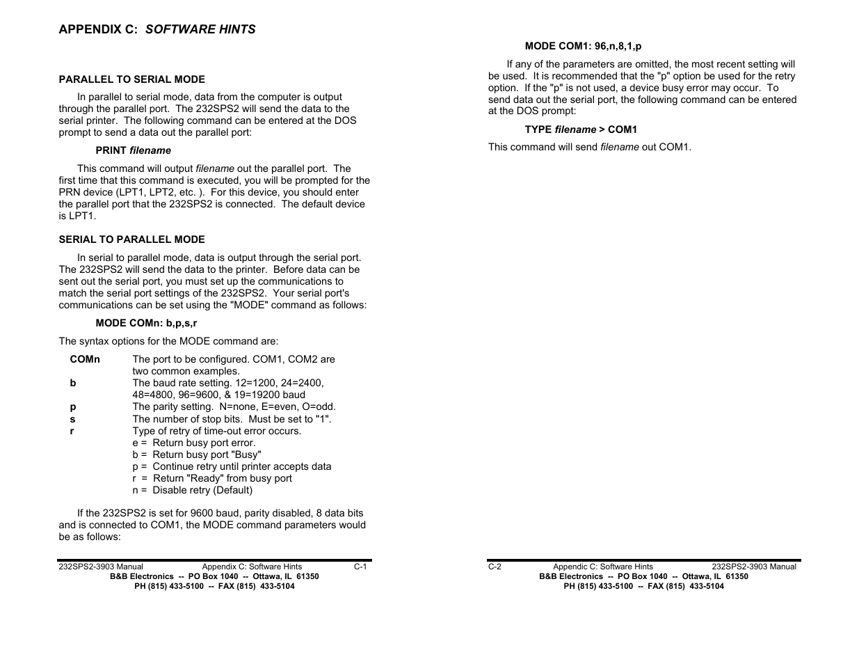 Appendix c: software hints - pg c-1 | B&B Electronics 232SPS2 User Manual | Page 12 / 14
