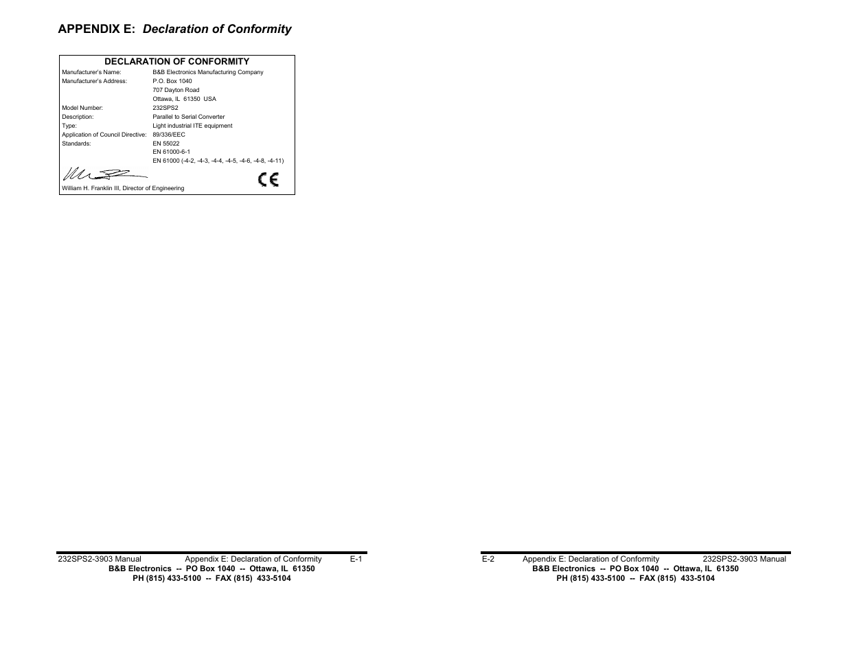 Appendix e: declaration of conformity - pg e-1, Appendix e: declaration of conformity | B&B Electronics 232SPS2 User Manual | Page 14 / 14
