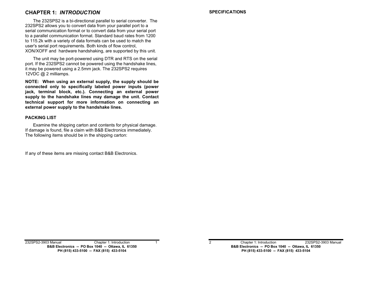 Chapter 1: introduction - pg 1, Packing list - pg 1, Specifications - pg 2 | B&B Electronics 232SPS2 User Manual | Page 3 / 14