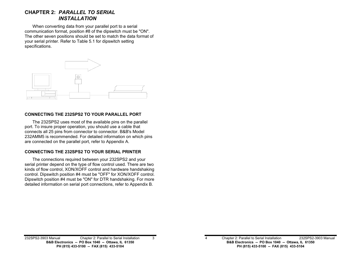 Chapter 2: parallel to serial installation - pg 3, Connecting to a parallel port - pg 3, Connecting to a serial printer - pg 3 | B&B Electronics 232SPS2 User Manual | Page 4 / 14