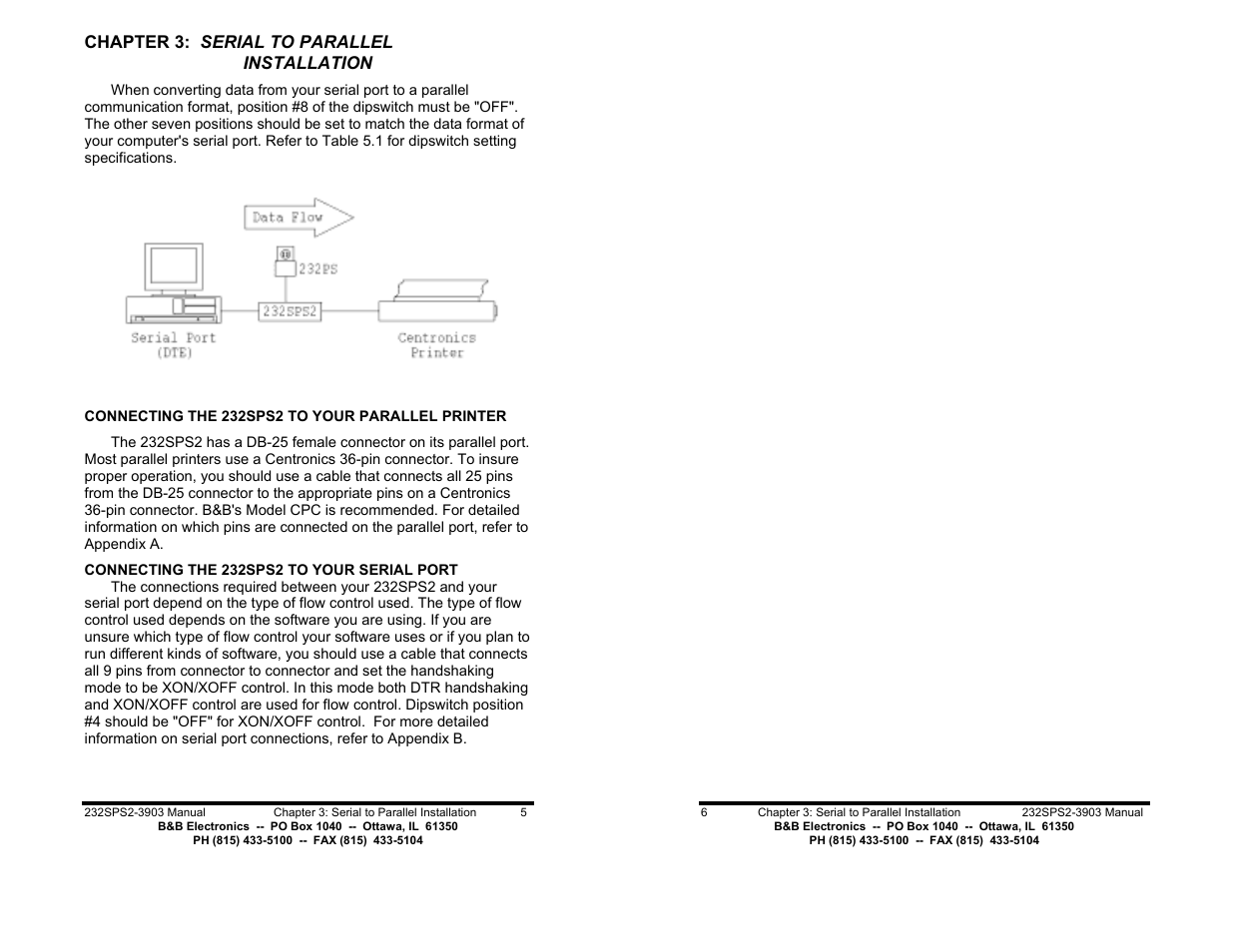 Chapter 3: serial to parallel installation - pg, Connecting to a parallel printer - pg 5, Connecting to a serial port - pg 5 | B&B Electronics 232SPS2 User Manual | Page 5 / 14