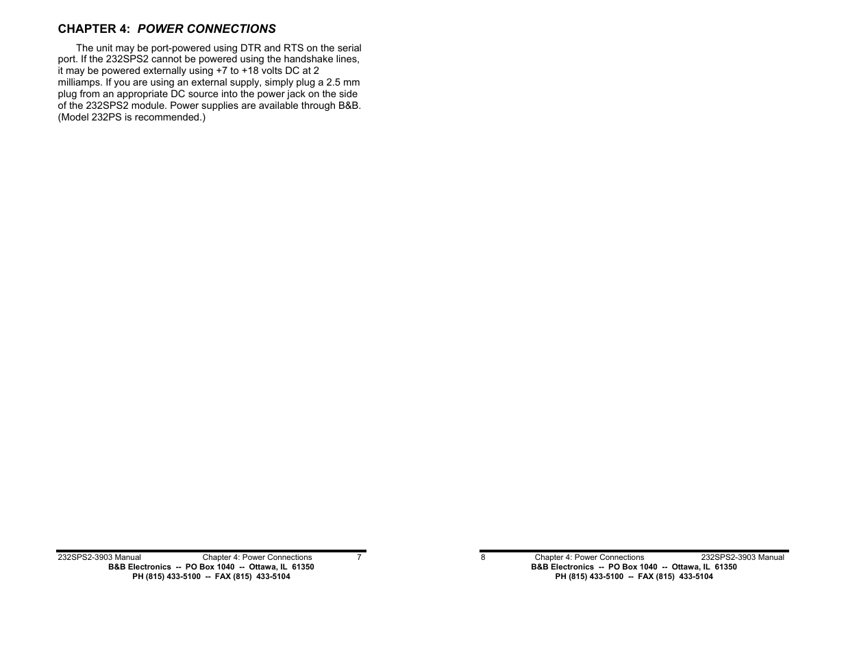 Chapter 4: power connections - pg 7 | B&B Electronics 232SPS2 User Manual | Page 6 / 14