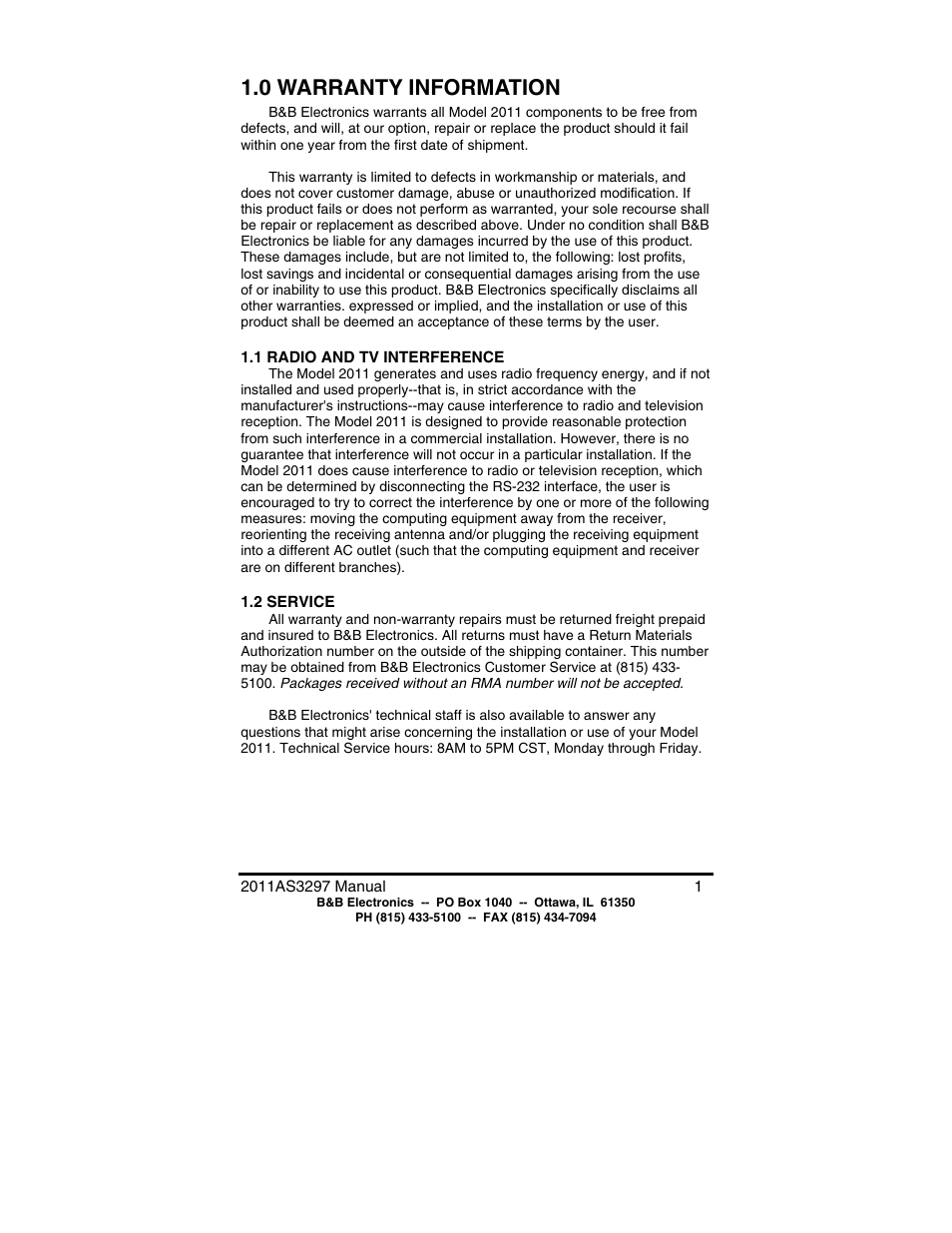 0 warranty information | B&B Electronics High Speed Asynchronous to Synchronous Converter 2011 User Manual | Page 3 / 11
