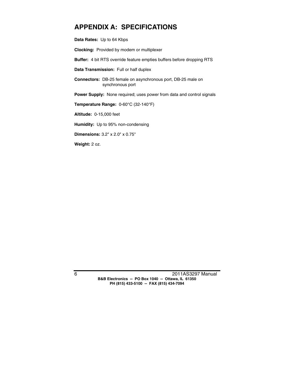 Appendix a: specifications | B&B Electronics High Speed Asynchronous to Synchronous Converter 2011 User Manual | Page 8 / 11