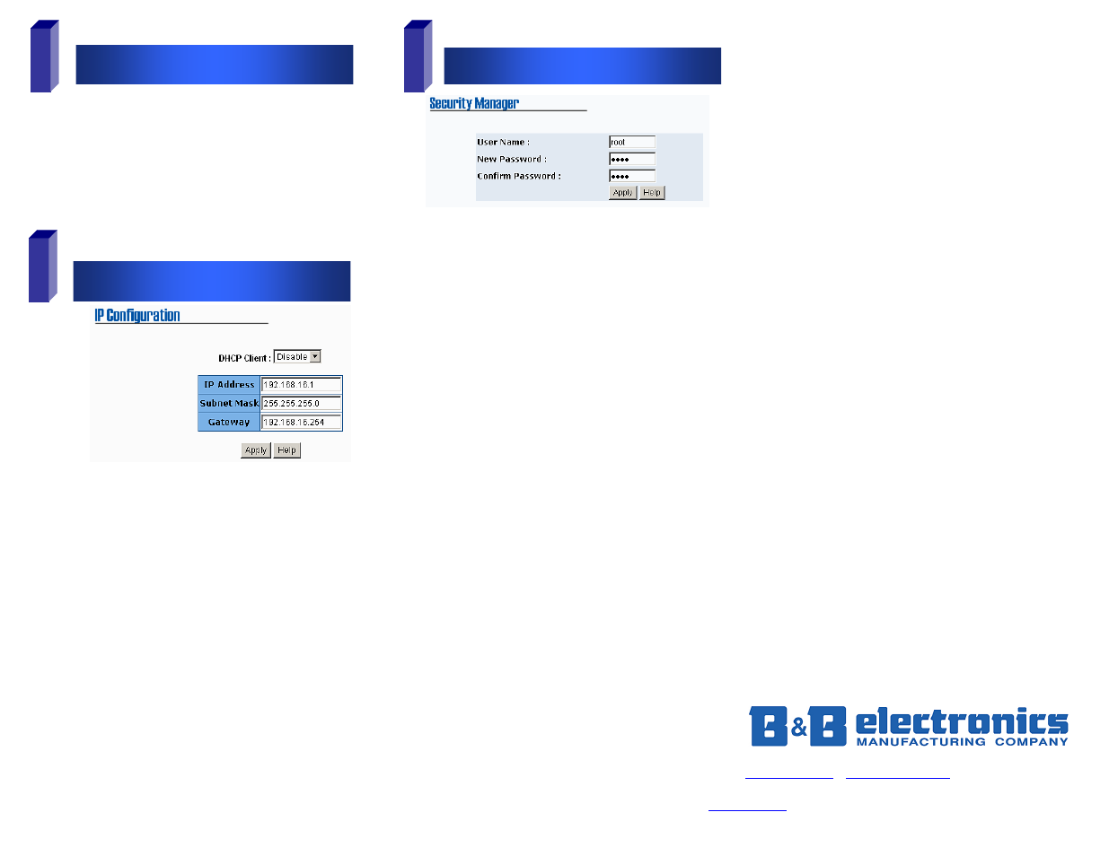 Log into the switch, Ip configuration, User name and password | B&B Electronics EIR508 Series User Manual | Page 2 / 2