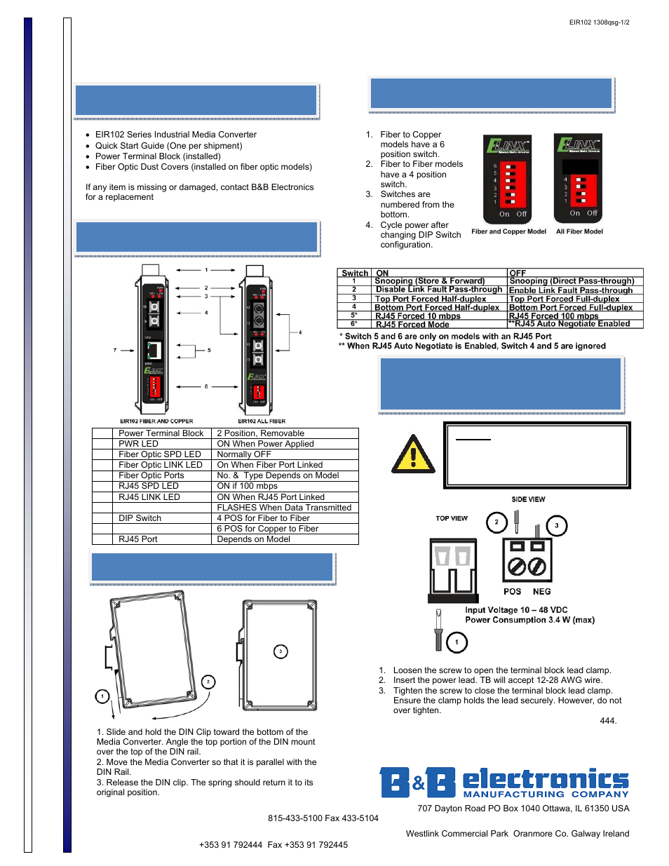 B&B Electronics Industrial Media Converter EIR102 User Manual | 2 pages