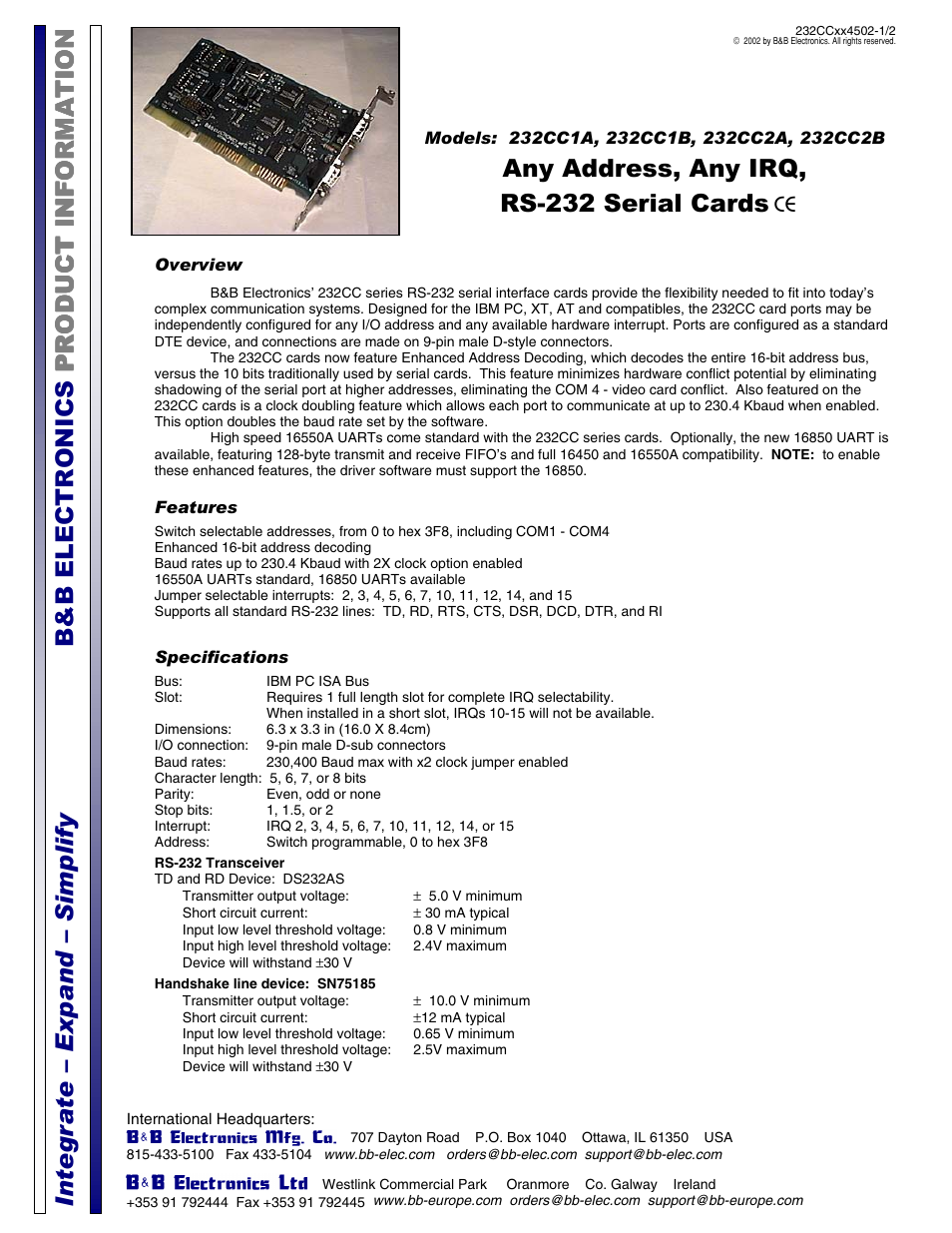 B&B Electronics 232CC2B User Manual | 2 pages