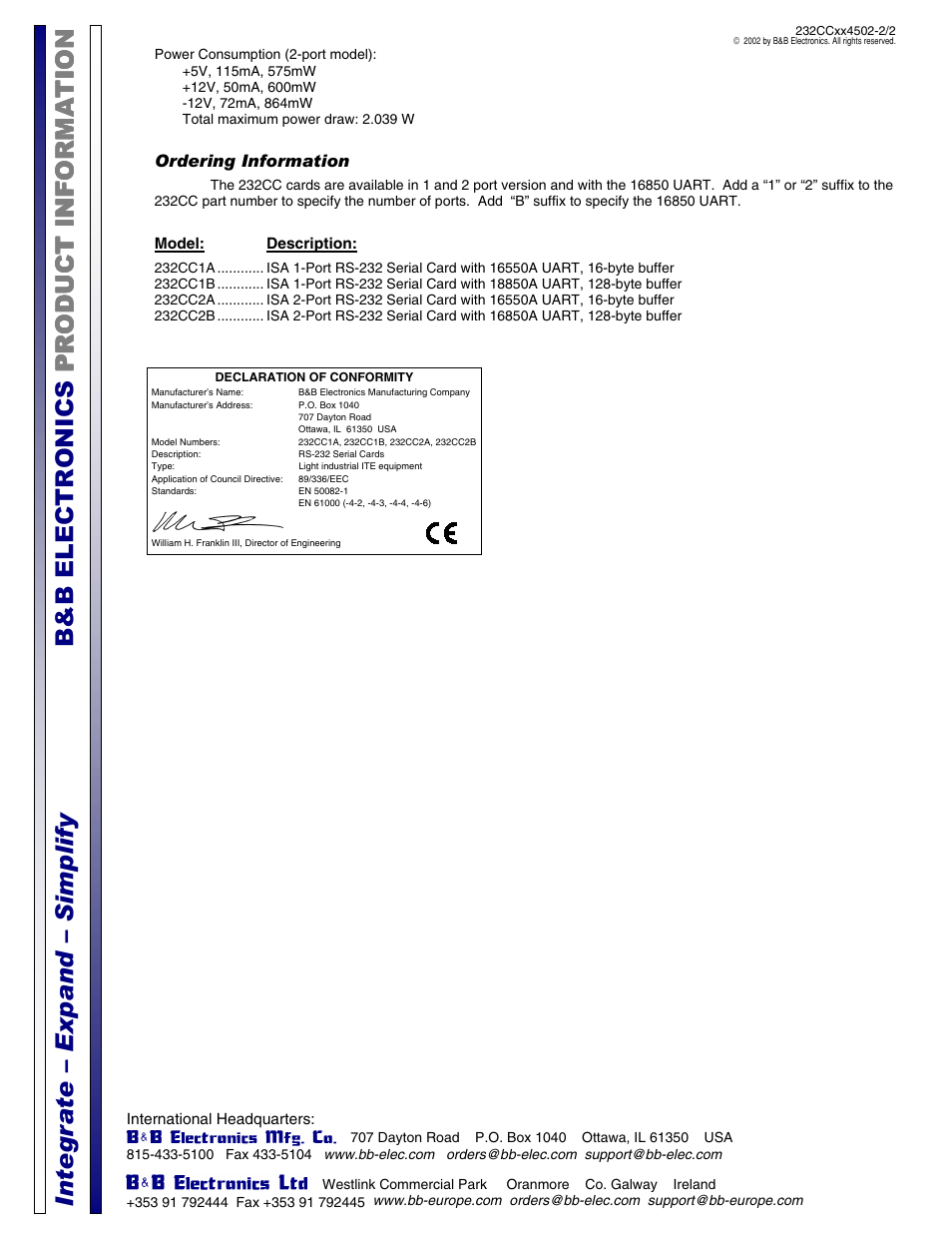 B&B Electronics 232CC2B User Manual | Page 2 / 2