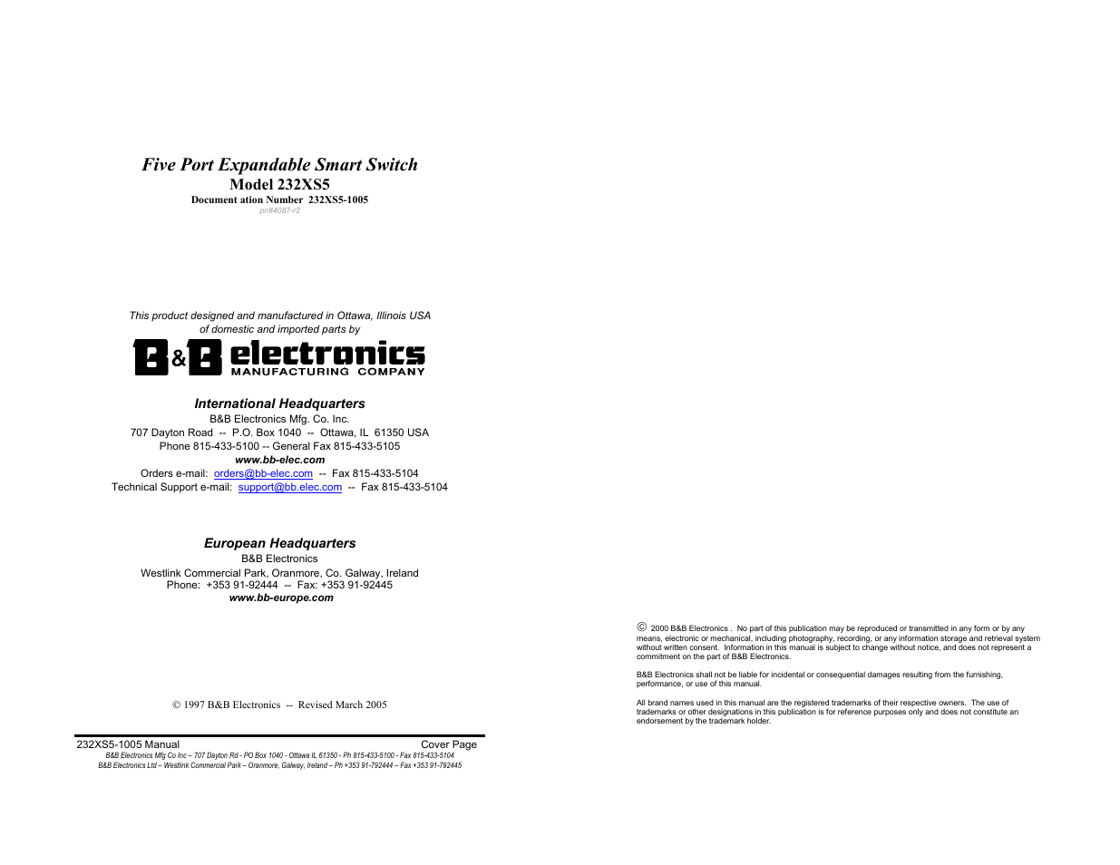 B&B Electronics 232XS5 User Manual | 15 pages