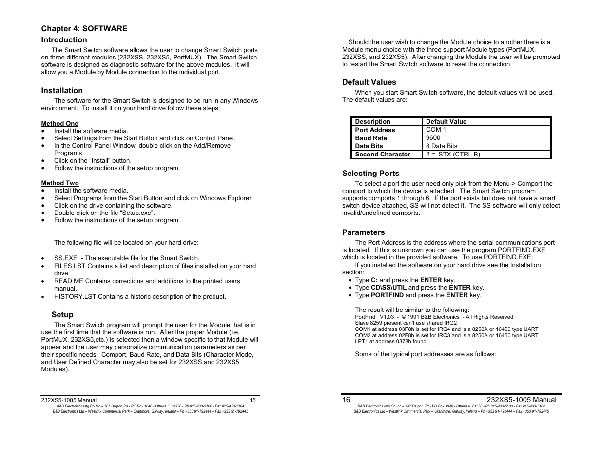 Introduction - 15, Installation - 15, Setup - 15 | Default values - 16, Selecting ports - 16, Parameters - 16, Appendix a: ascii character codes - a-1 | B&B Electronics 232XS5 User Manual | Page 10 / 15
