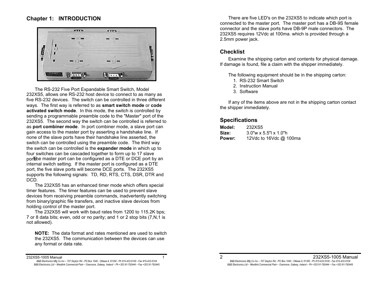 Chapter 1: introduction - 1, Checklist - 2, Specifications - 2 | B&B Electronics 232XS5 User Manual | Page 3 / 15