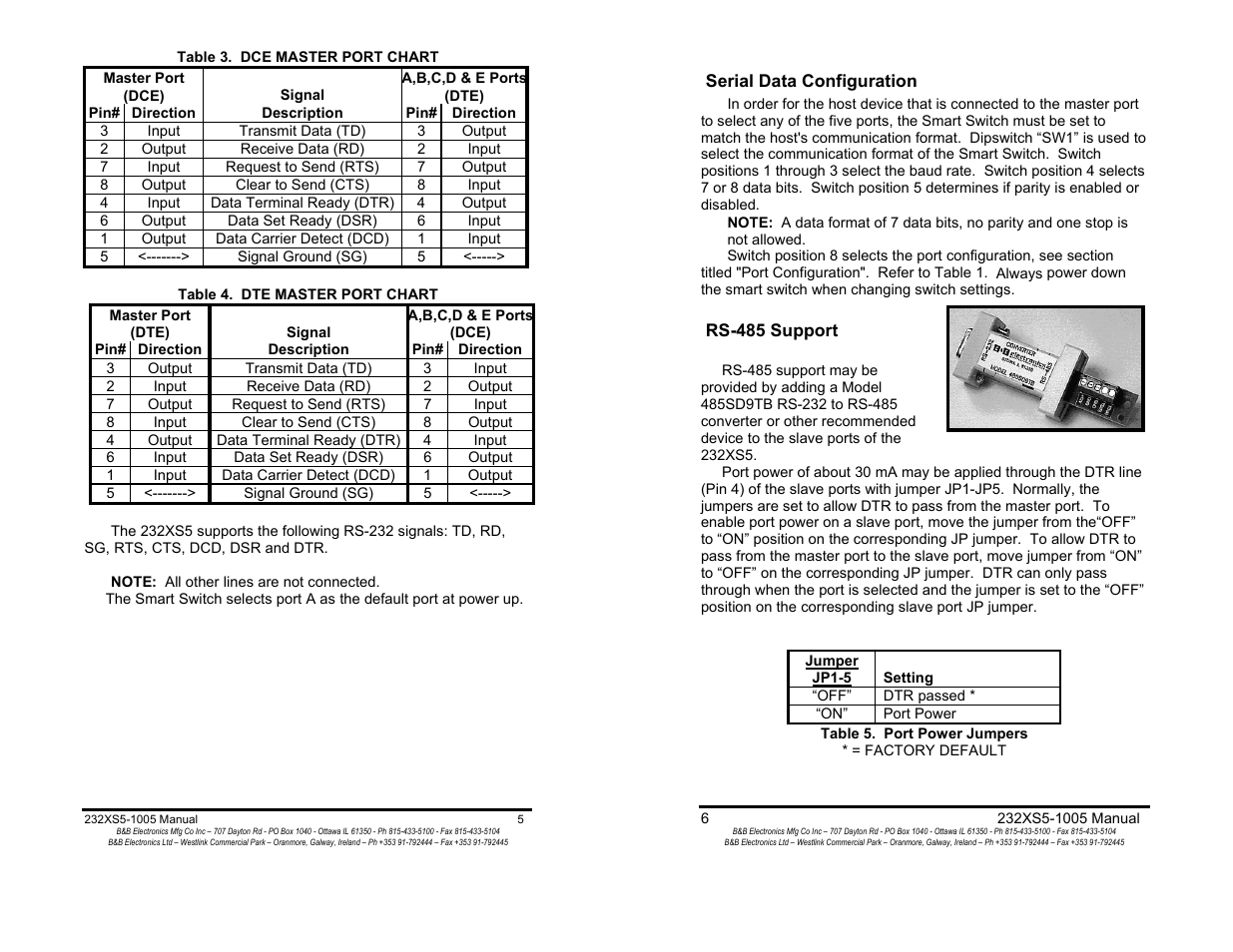 Serial data configuration - 6, Rs-485 support - 6, Programming the second character - 8 | B&B Electronics 232XS5 User Manual | Page 5 / 15