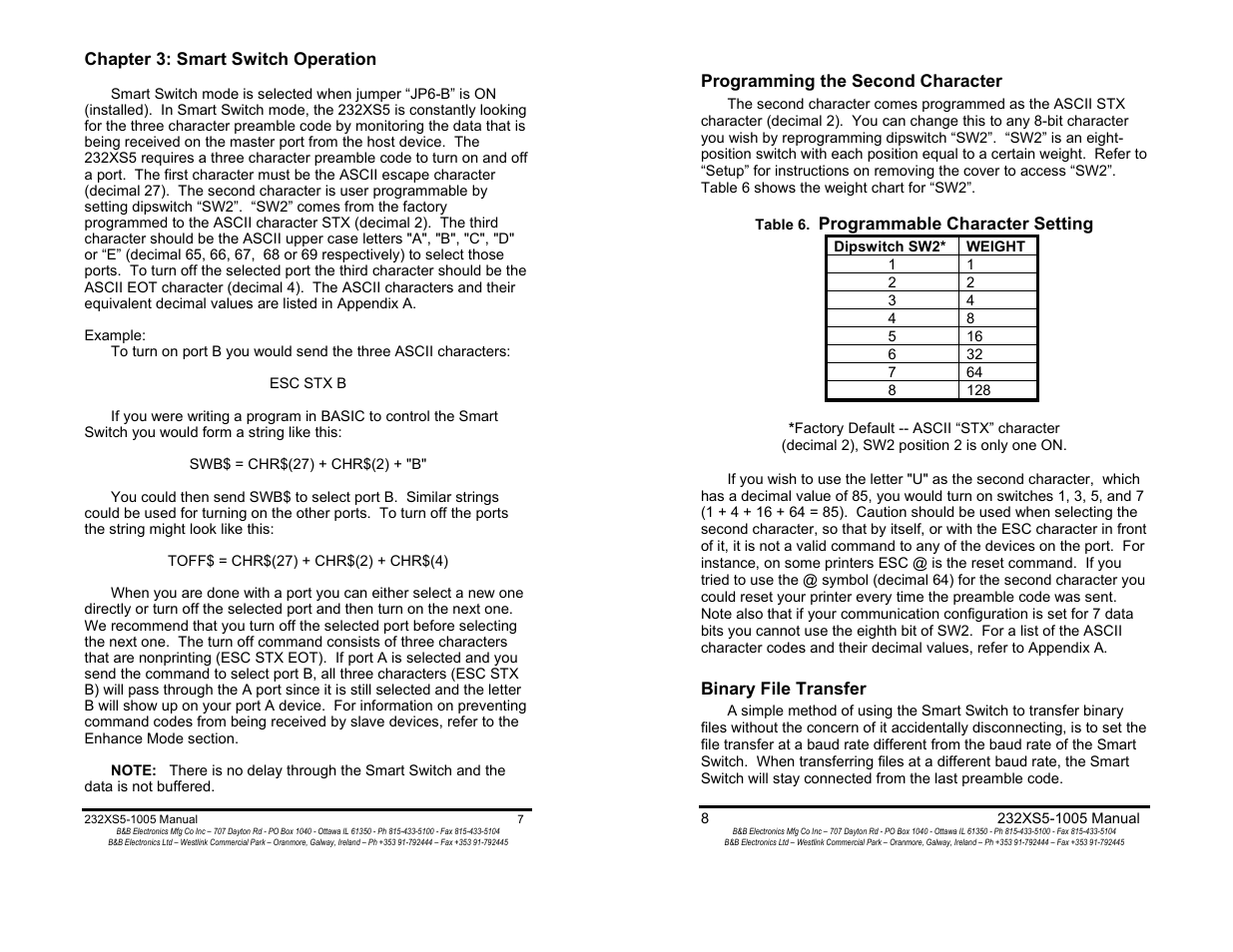 Chapter 3: smart switch operation - 7, Binary file transfer - 8, Chapter 4: software - 15 | B&B Electronics 232XS5 User Manual | Page 6 / 15