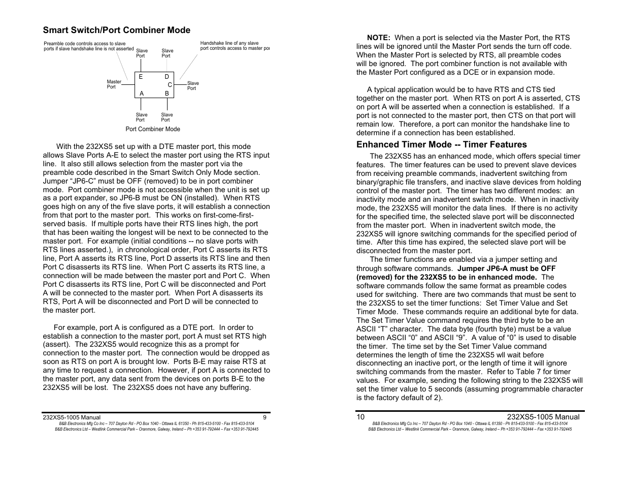 Smart switch/port combiner mode - 9, Enhanced timer mode--timer features - 10, Smart switch/port combiner mode | Enhanced timer mode -- timer features | B&B Electronics 232XS5 User Manual | Page 7 / 15