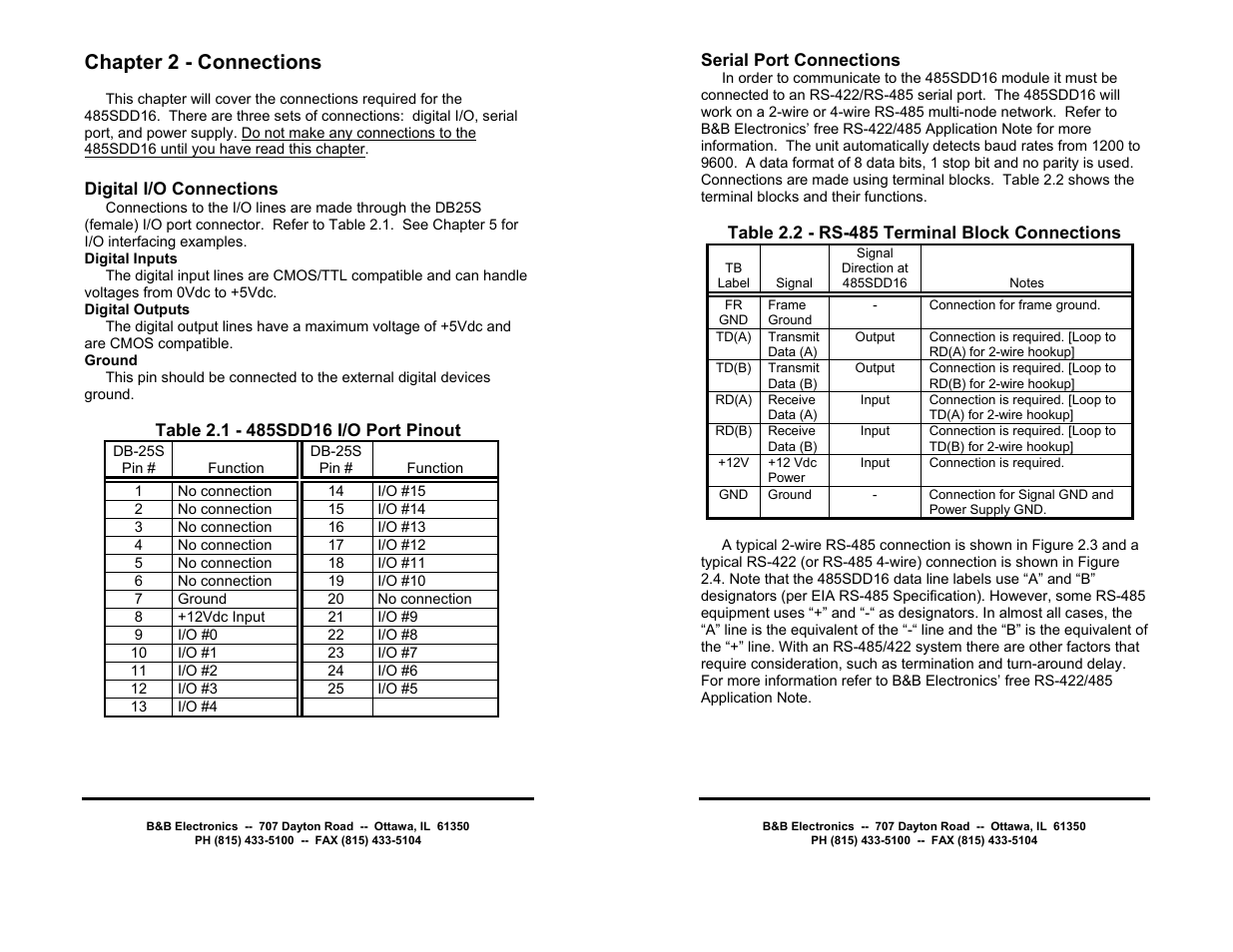 Chapter 2 - connections | B&B Electronics RS-485 Digital I/O Module 485SDD16 User Manual | Page 5 / 28