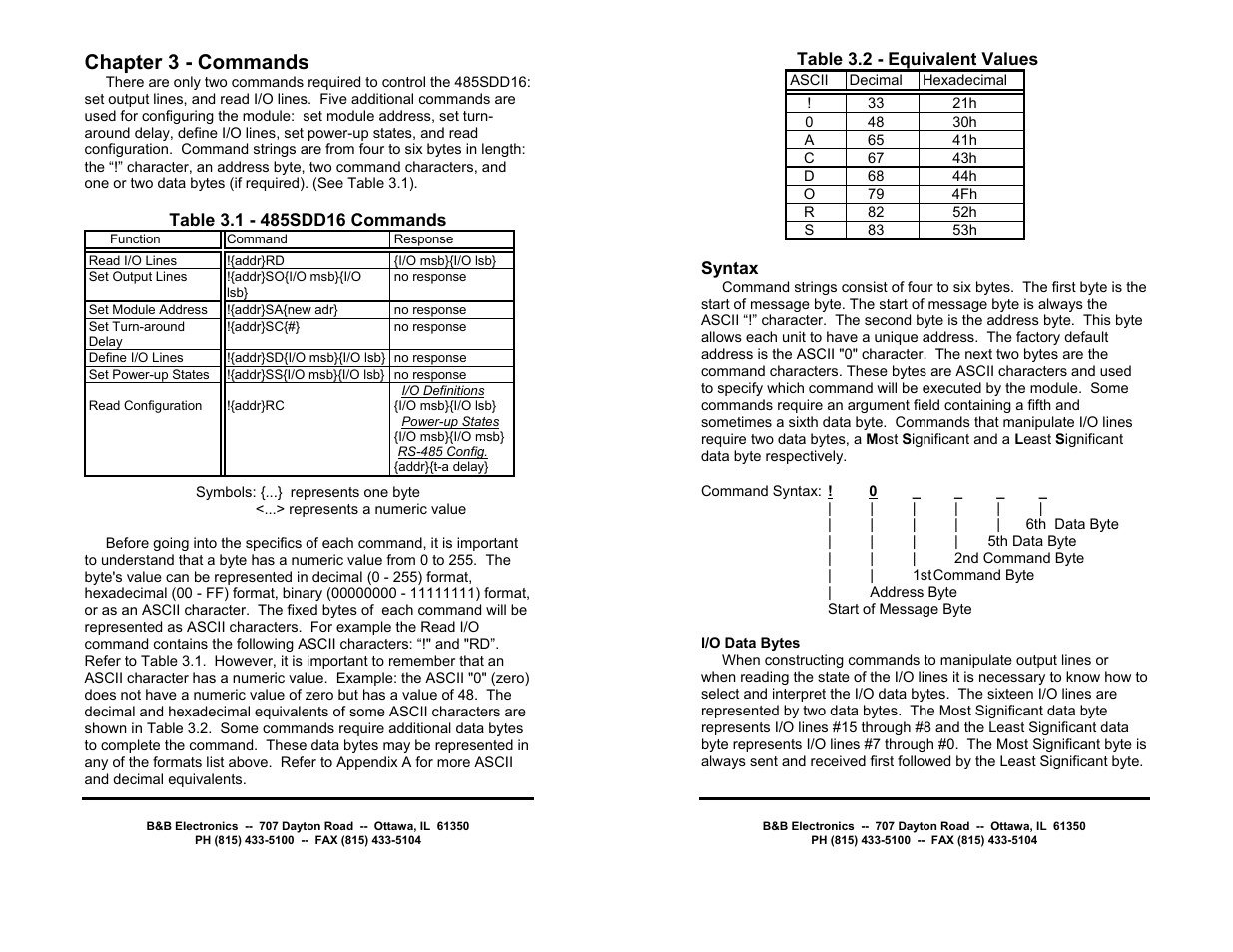 Chapter 3 - commands | B&B Electronics RS-485 Digital I/O Module 485SDD16 User Manual | Page 7 / 28