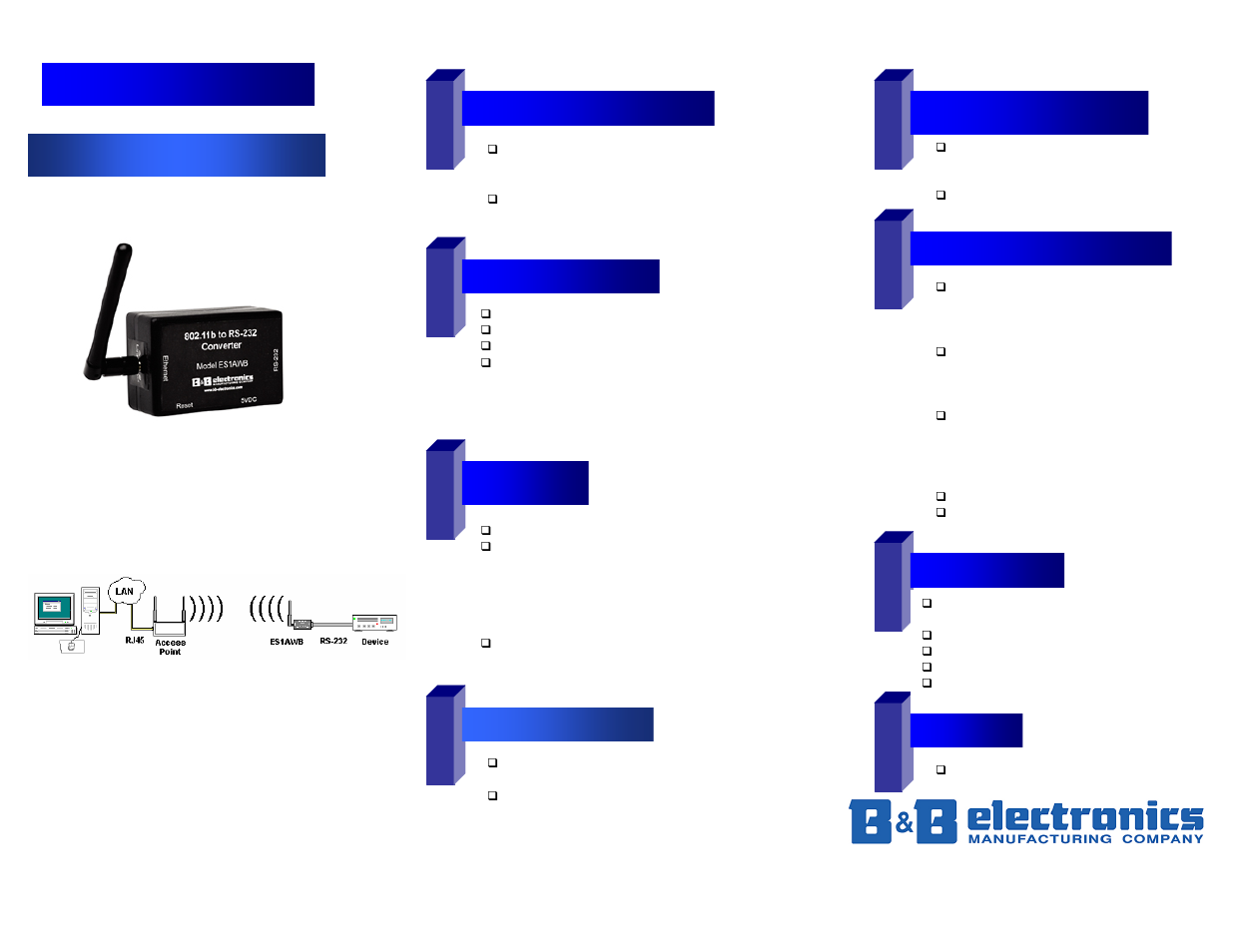 B&B Electronics Wireless 802.11b Serial Server ES1AWB User Manual | 1 page