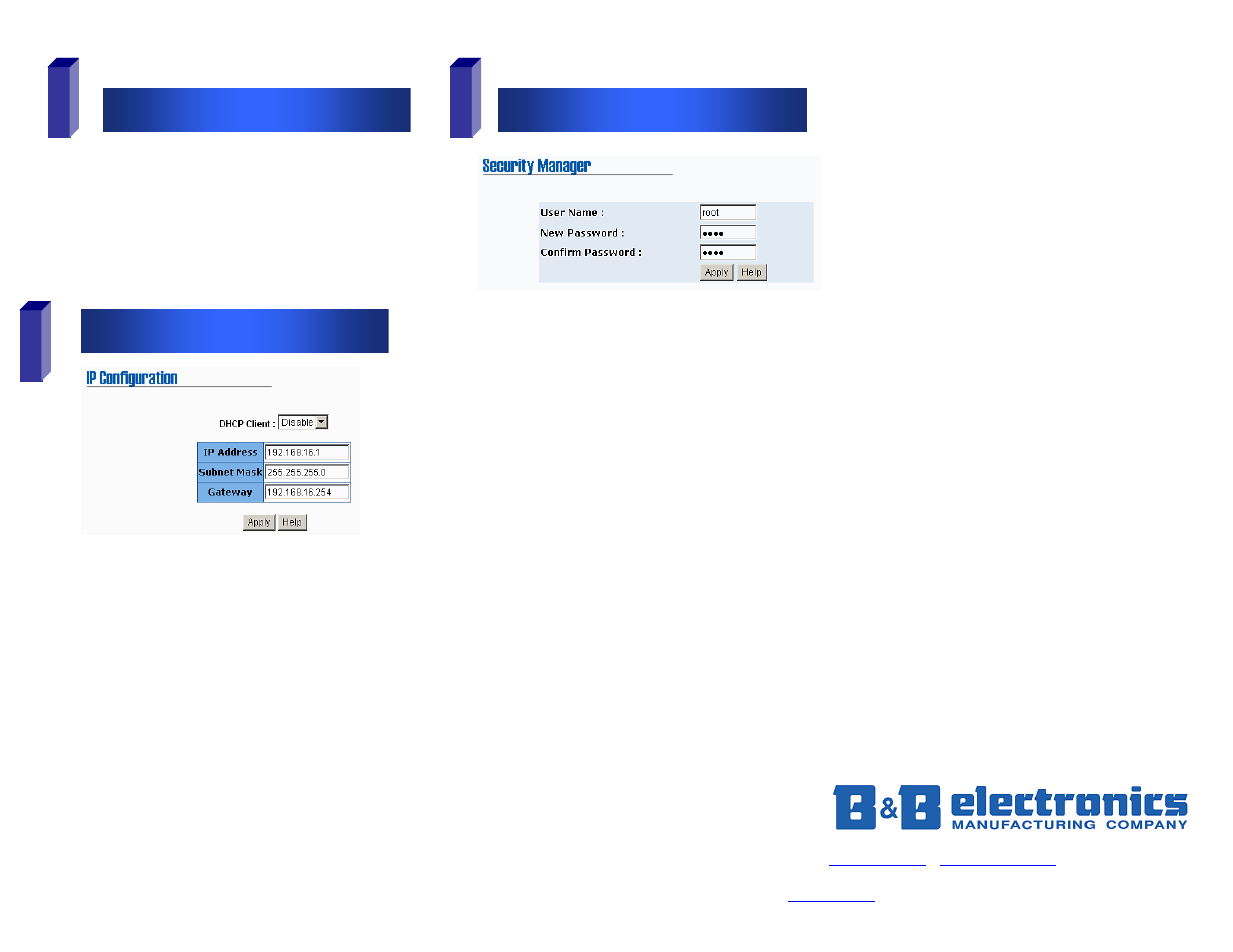 Log into the switch, Ip configuration, User name and password | B&B Electronics EIR505 Series User Manual | Page 2 / 2