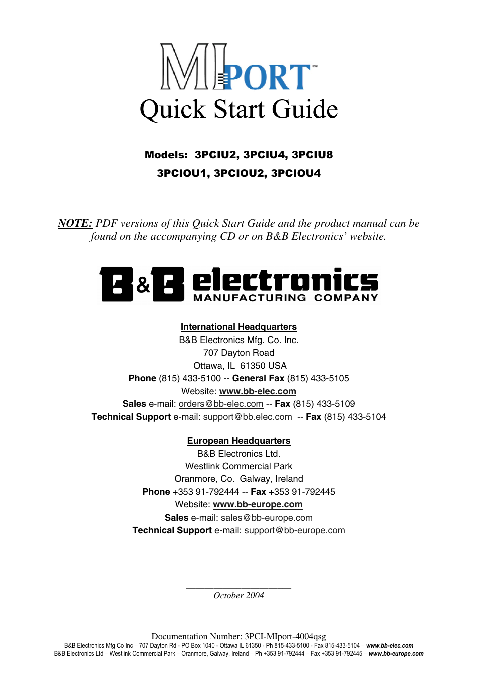 B&B Electronics MIPort Universal PCI Cards 3PCIU8 User Manual | 4 pages