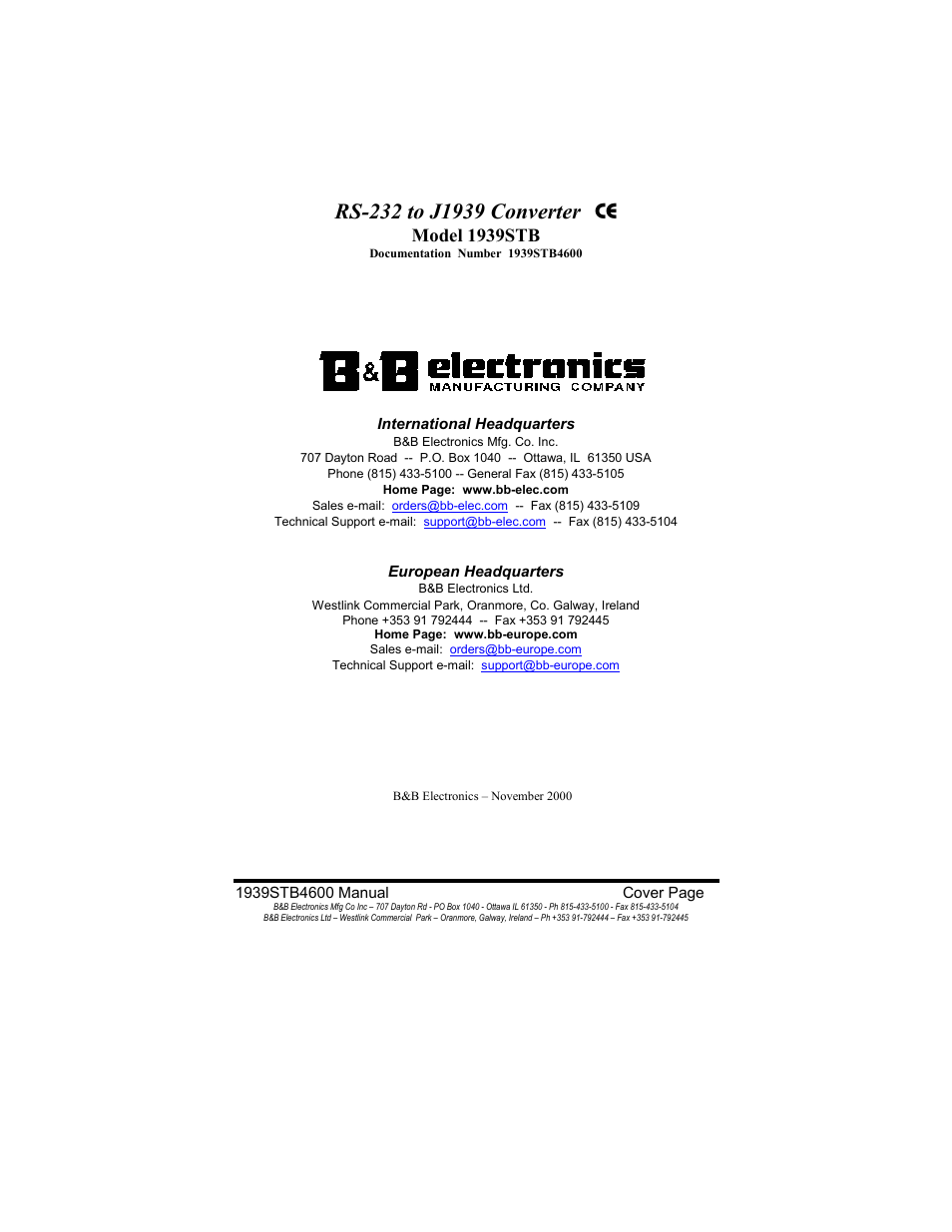 B&B Electronics RS-232 to J1939 Converter CE 1939STB User Manual | 40 pages