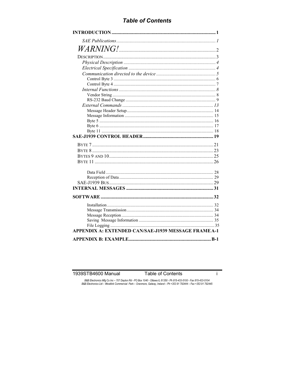 Warning | B&B Electronics RS-232 to J1939 Converter CE 1939STB User Manual | Page 2 / 40