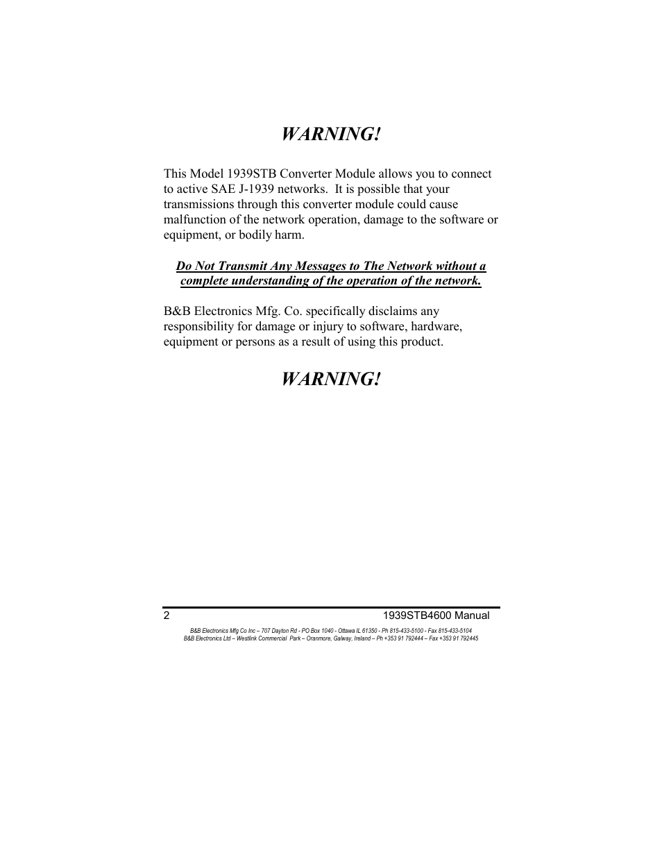 Warning | B&B Electronics RS-232 to J1939 Converter CE 1939STB User Manual | Page 4 / 40
