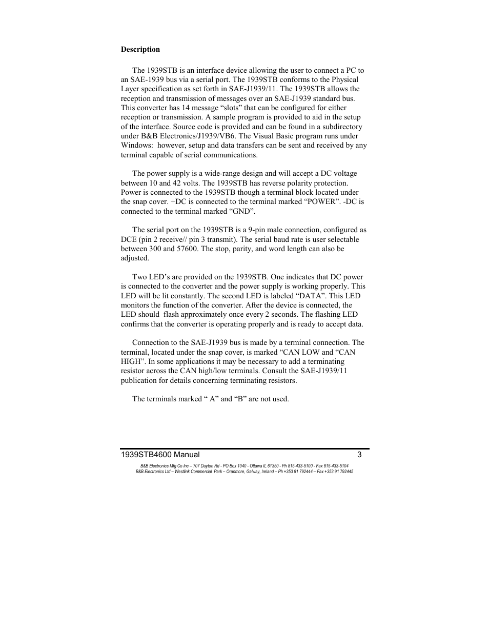 B&B Electronics RS-232 to J1939 Converter CE 1939STB User Manual | Page 5 / 40