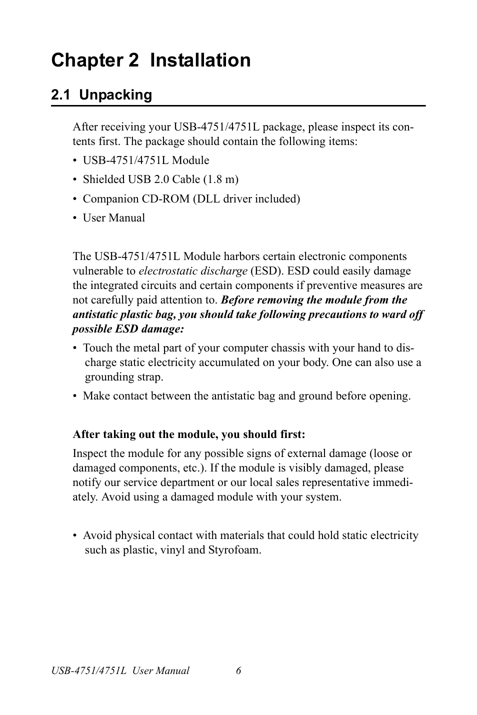 Chapter 2 installation, 1 unpacking, Chapter | 2 installation, Unpacking | Advantech USB-4751/4751L User Manual | Page 12 / 24