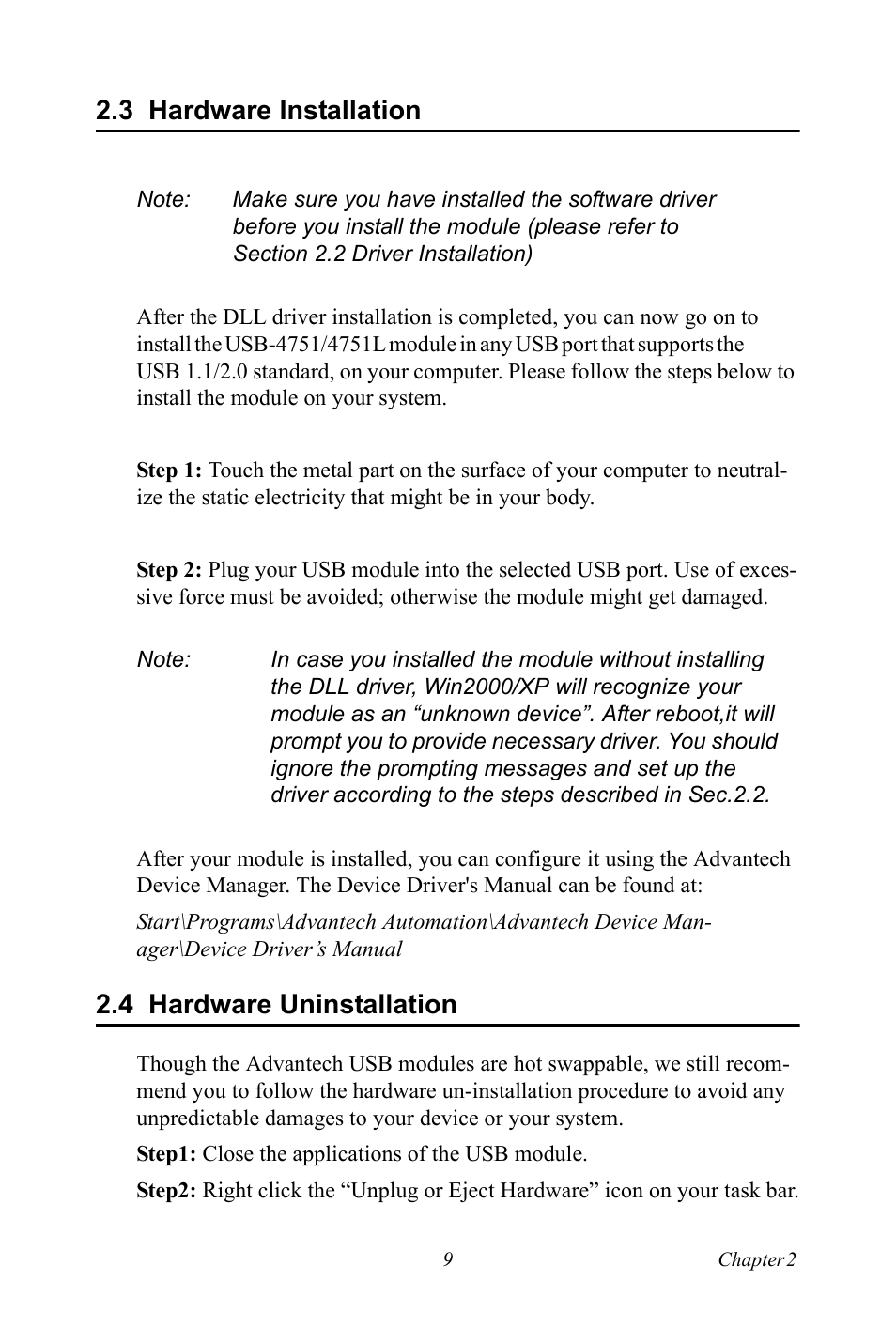 3 hardware installation, 4 hardware uninstallation, Hardware installation | Hardware uninstallation | Advantech USB-4751/4751L User Manual | Page 15 / 24