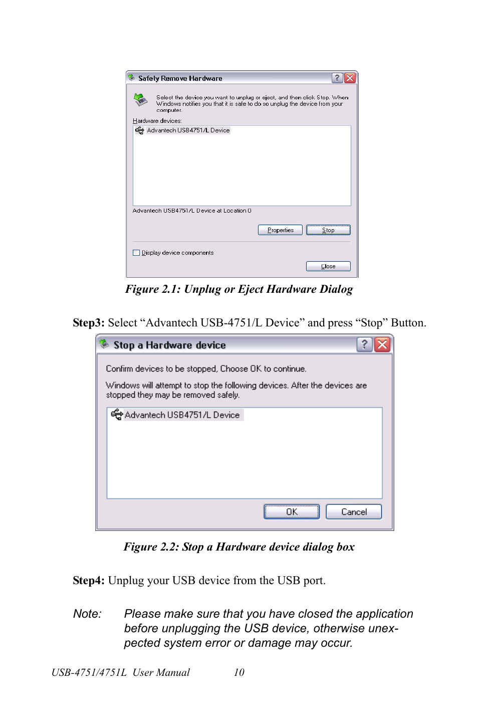 Figure 2.1: unplug or eject hardware dialog, Figure 2.2: stop a hardware device dialog box | Advantech USB-4751/4751L User Manual | Page 16 / 24