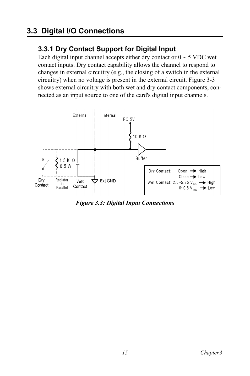 3 digital i/o connections, 1 dry contact support for digital input, Figure 3.3: digital input connections | Digital i/o connections | Advantech USB-4751/4751L User Manual | Page 21 / 24