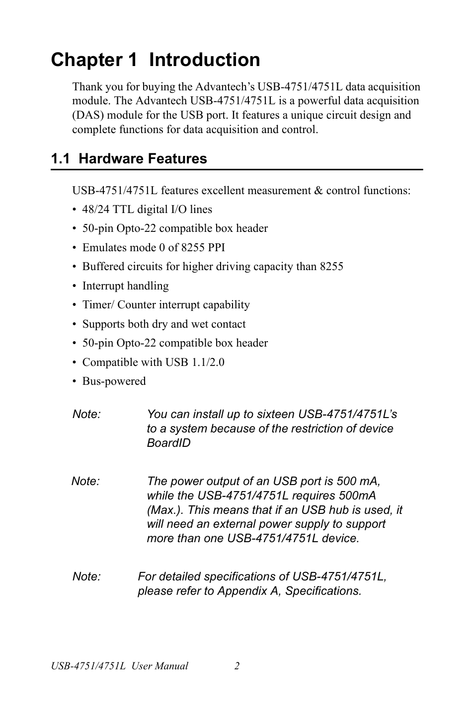 Chapter 1 introduction, 1 hardware features, Chapter | 1 introduction, Hardware features | Advantech USB-4751/4751L User Manual | Page 8 / 24