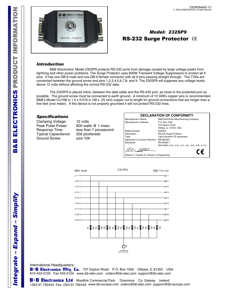 B&B Electronics 232SP9 User Manual | 1 page