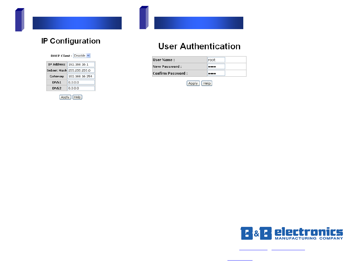 Ip configuration, User name and password | B&B Electronics EIR608 Series User Manual | Page 2 / 2