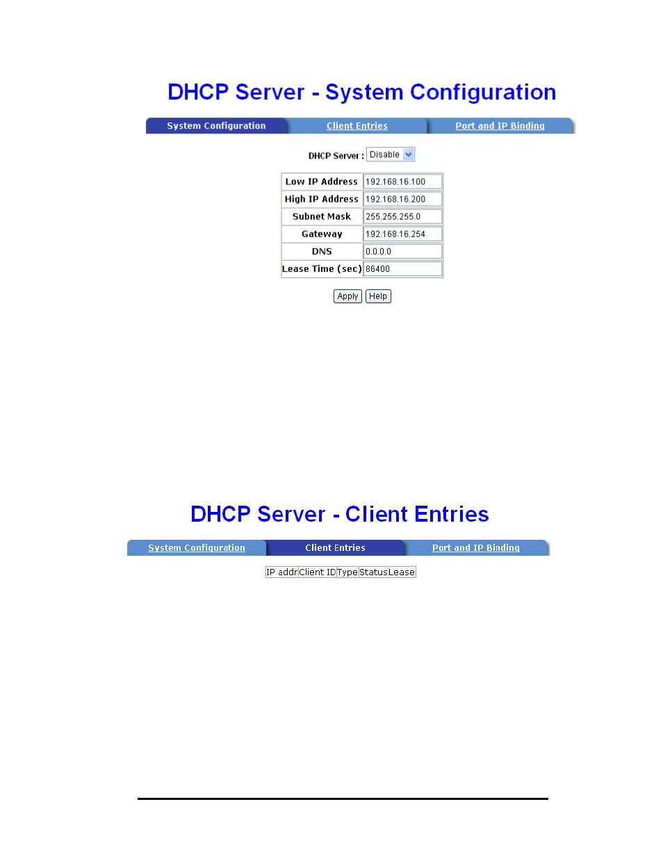 Dhcp client – system configuration, Dhcp server - port and ip bindings | B&B Electronics Elinx EIR510-2SC-T User Manual | Page 58 / 107