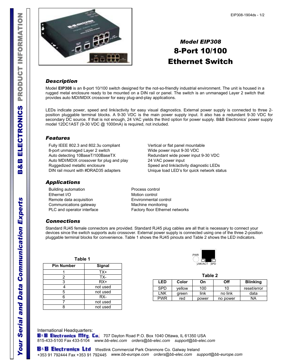 B&B Electronics EIP308 User Manual | 2 pages