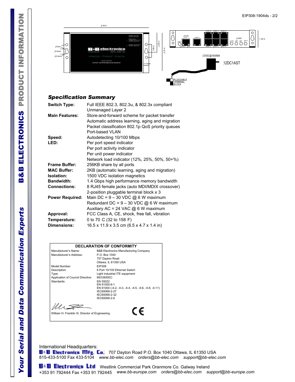 Specification summary, International headquarters | B&B Electronics EIP308 User Manual | Page 2 / 2