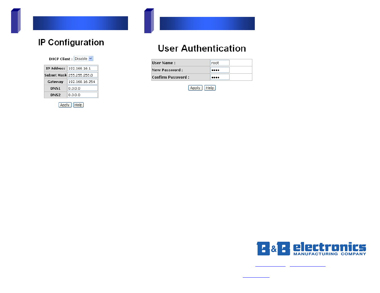 Ip configuration, User name and password | B&B Electronics EIR618 User Manual | Page 2 / 2