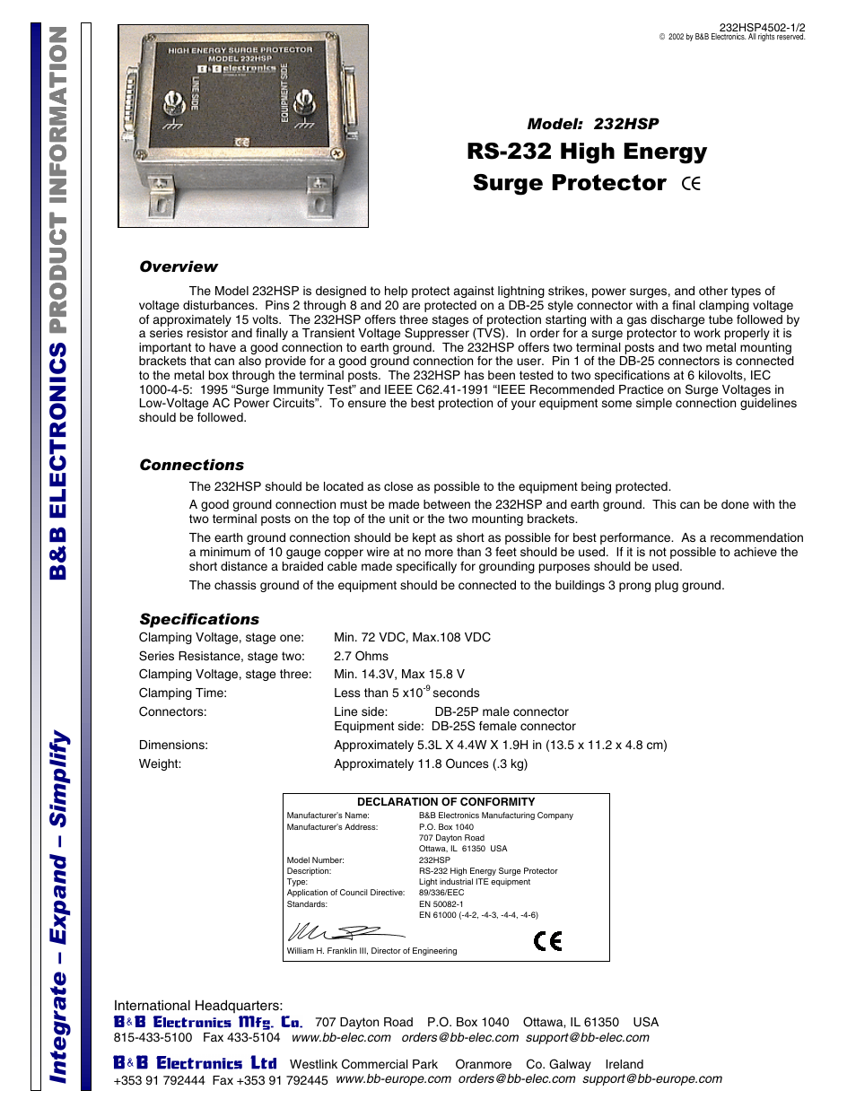 B&B Electronics 232HSP User Manual | 2 pages