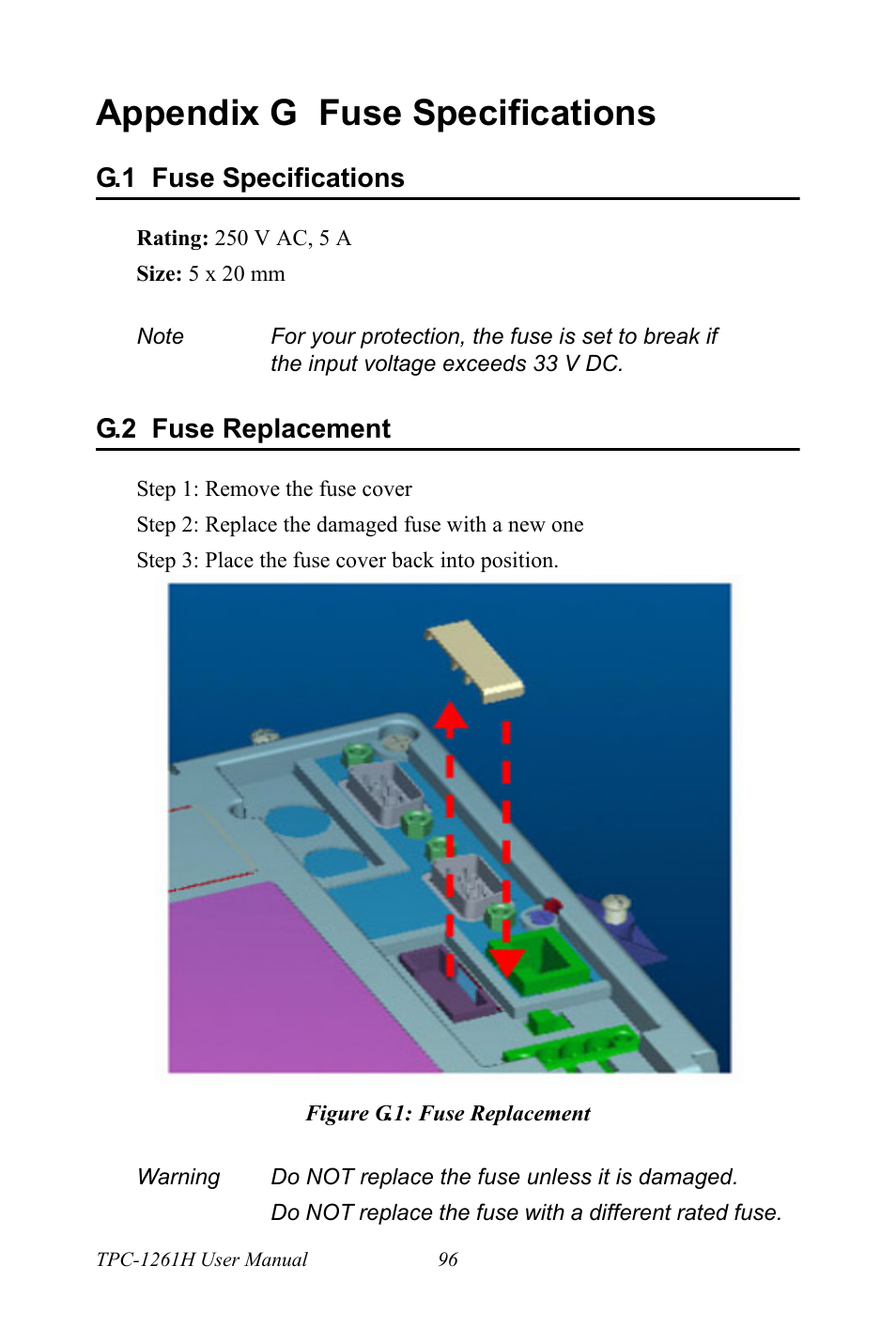 Appendix g fuse specifications, G.1 fuse specifications, G.2 fuse replacement | Figure g.1: fuse replacement, Fuse specifications, Fuse replacement, Figure g.1:fuse replacement | Advantech TPC-1261H User Manual | Page 106 / 106