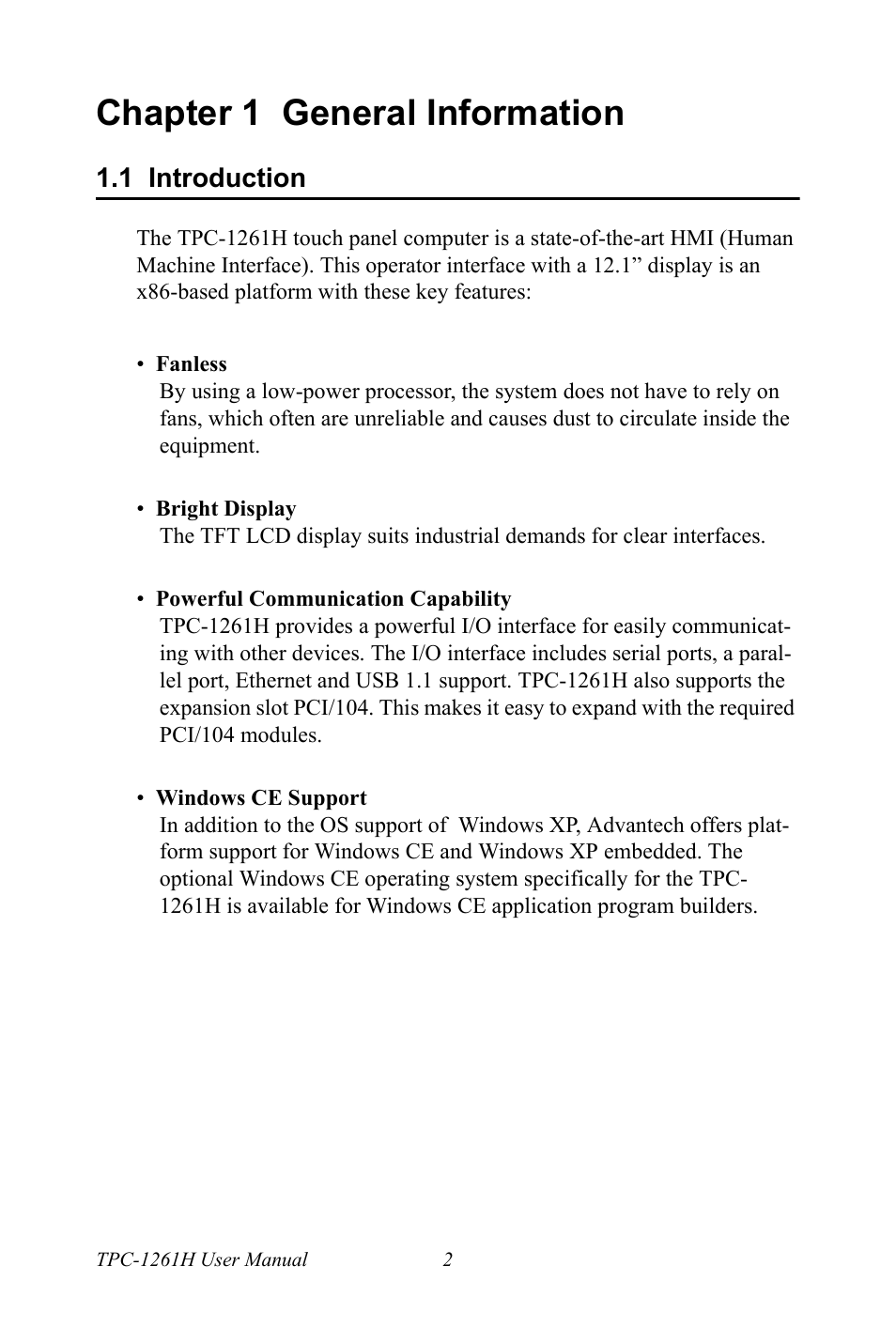 Chapter 1 general information, 1 introduction, Chapter | 1 general information, Introduction | Advantech TPC-1261H User Manual | Page 12 / 106