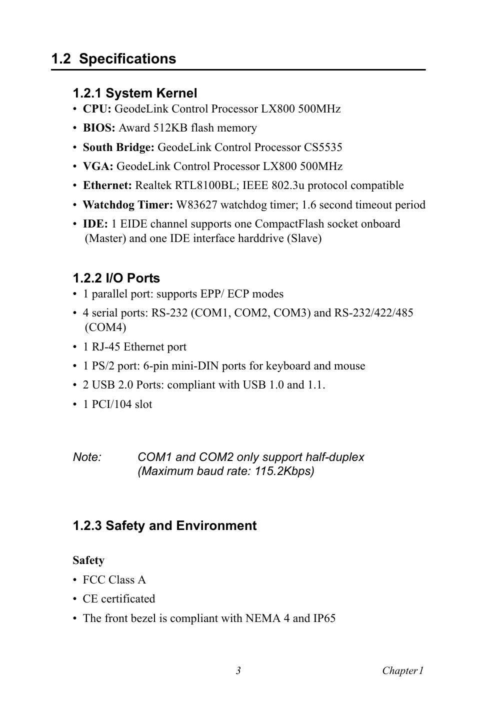 2 specifications, 1 system kernel, 2 i/o ports | 3 safety and environment, Specifications, System kernel, I/o ports, Safety and environment | Advantech TPC-1261H User Manual | Page 13 / 106