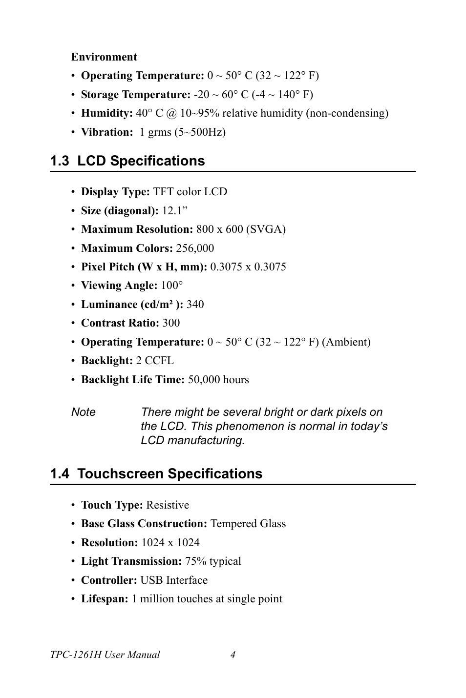 3 lcd specifications, 4 touchscreen specifications, Lcd specifications | Touchscreen specifications | Advantech TPC-1261H User Manual | Page 14 / 106