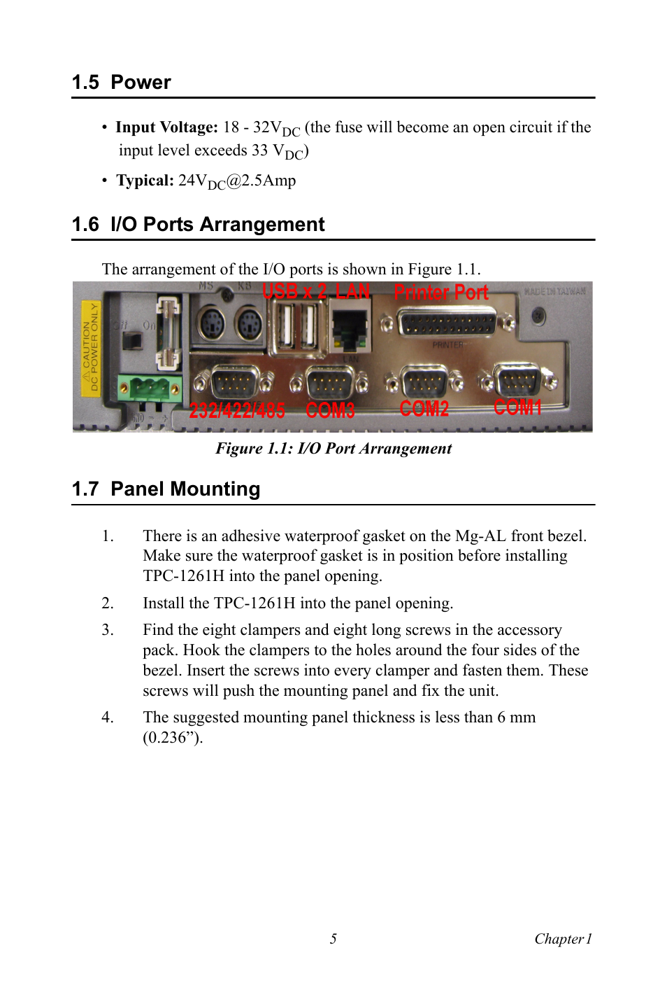 5 power, 6 i/o ports arrangement, Figure 1.1: i/o port arrangement | 7 panel mounting, Power, I/o ports arrangement, Figure 1.1:i/o port arrangement, Panel mounting | Advantech TPC-1261H User Manual | Page 15 / 106