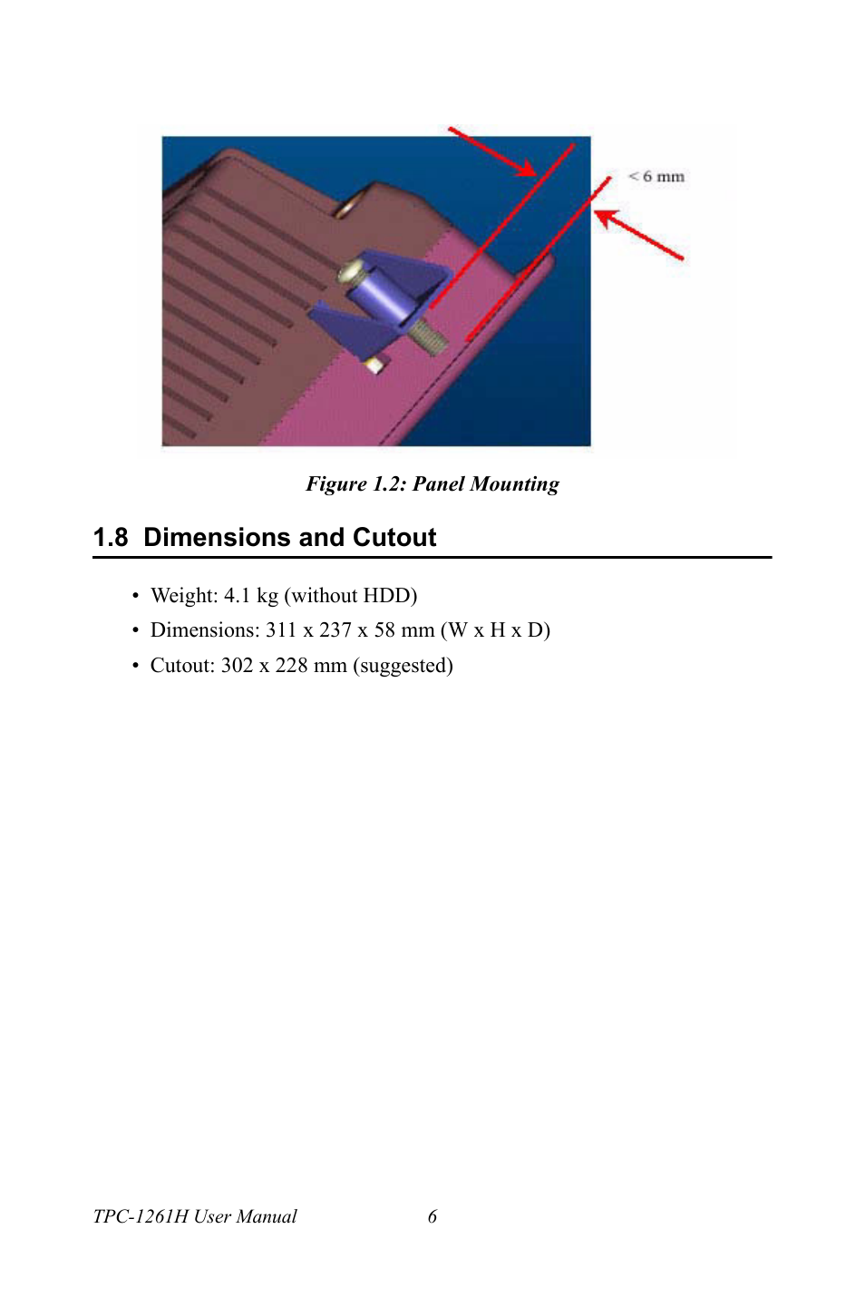 Figure 1.2: panel mounting, 8 dimensions and cutout, Figure 1.2:panel mounting | Dimensions and cutout | Advantech TPC-1261H User Manual | Page 16 / 106