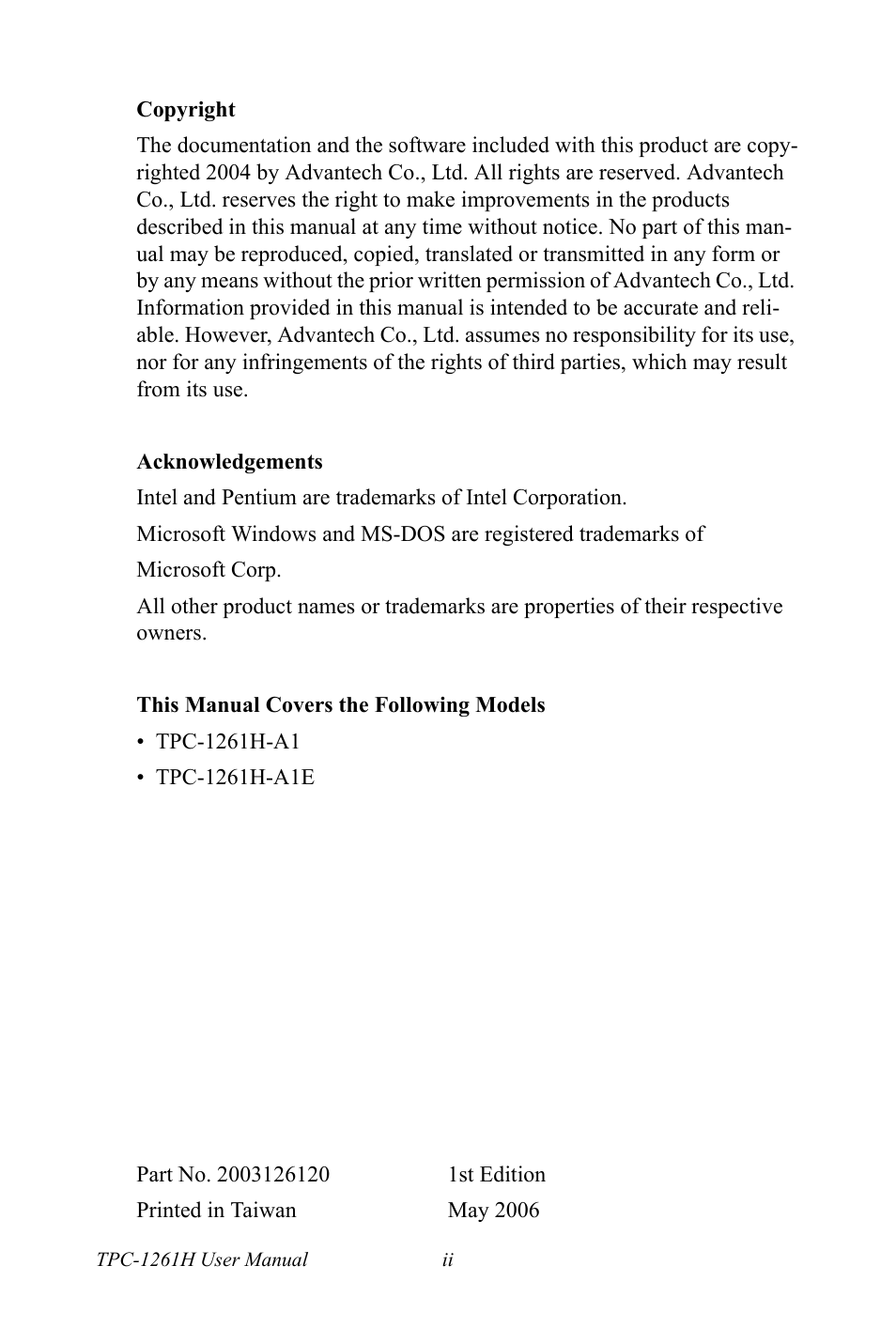 Advantech TPC-1261H User Manual | Page 2 / 106