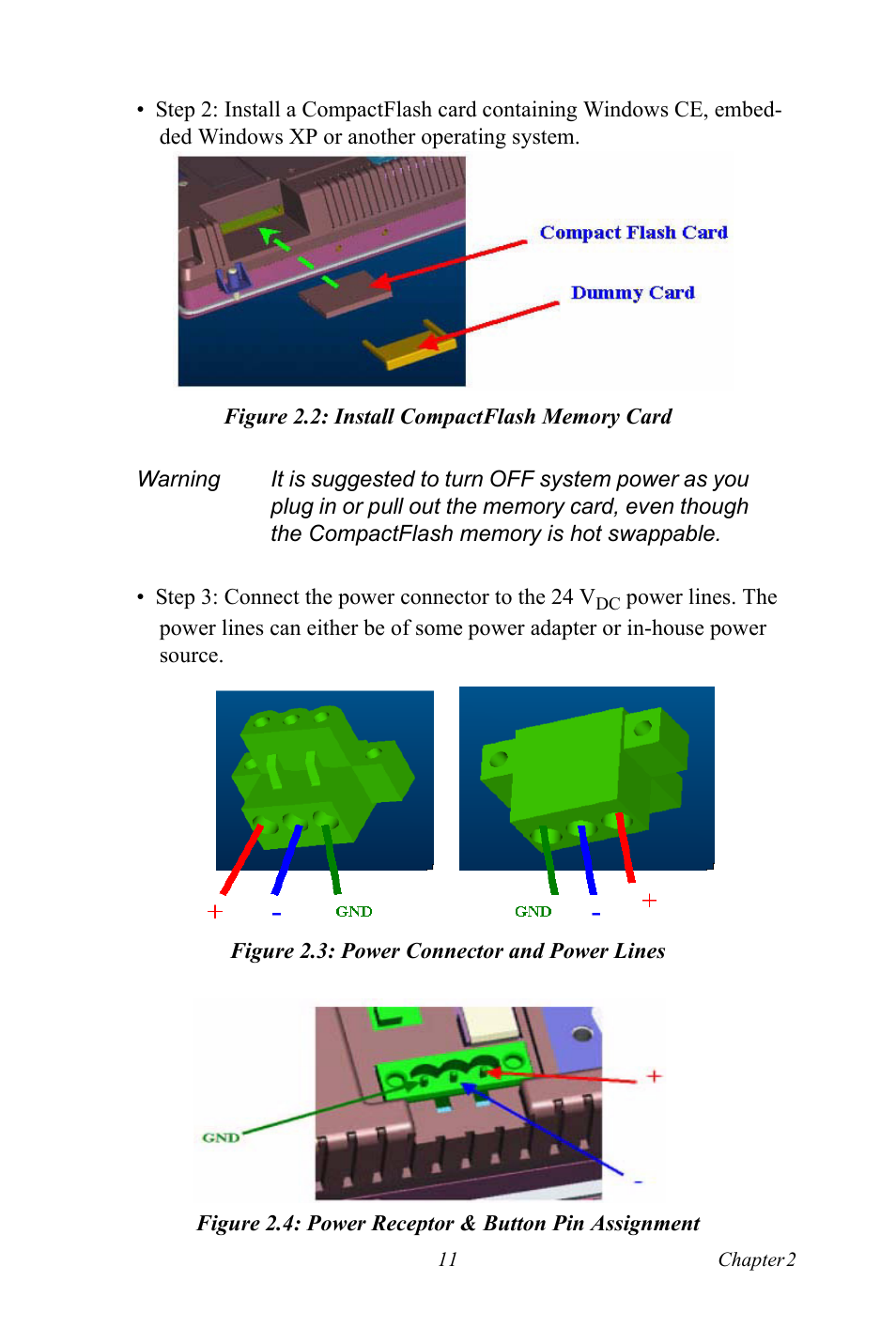 Figure 2.2: install compactflash memory card, Figure 2.3: power connector and power lines, Figure 2.4: power receptor & button pin assignment | Advantech TPC-1261H User Manual | Page 21 / 106