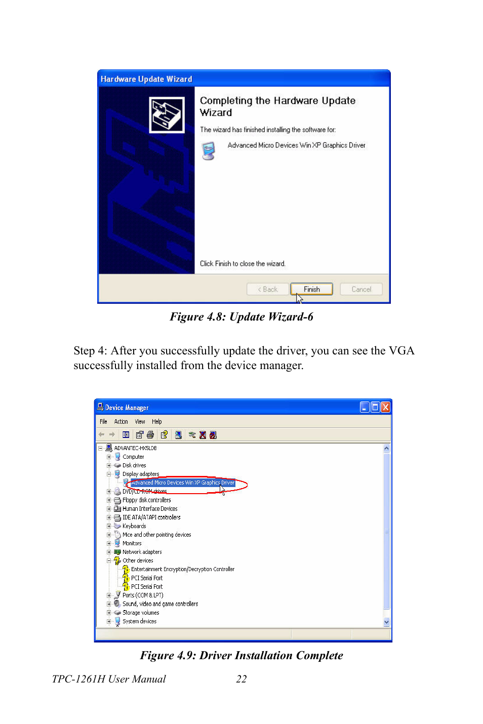 Figure 4.8: update wizard-6, Figure 4.9: driver installation complete | Advantech TPC-1261H User Manual | Page 32 / 106