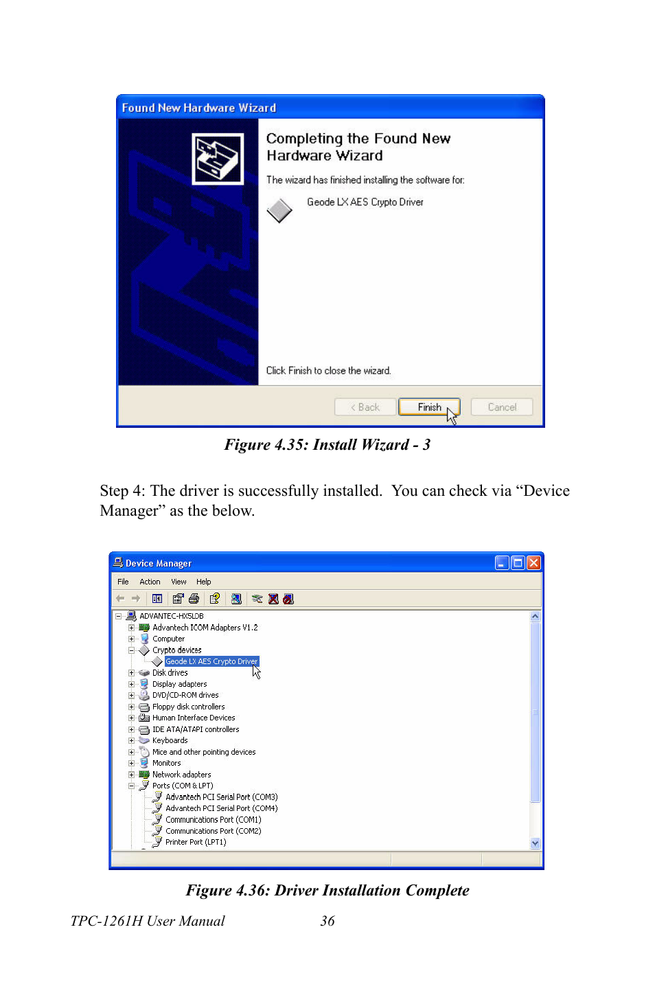 Figure 4.35: install wizard - 3, Figure 4.36: driver installation complete | Advantech TPC-1261H User Manual | Page 46 / 106
